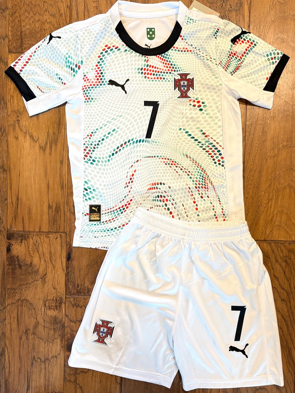 PUMA Portugal Ronaldo 24 Small White #7 Youth Soccer Jersey and Shorts Set